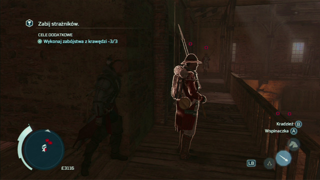 By the next corner, wait for the walking enemy to turn around and quickly kill him and his companion - Naval mission - Fort Wolcott - Captain Kidd's treasure - Assassins Creed III - Game Guide and Walkthrough