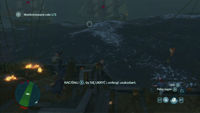 After a successful attack, a white ring should appear on the enemy ship, pointing to the gunpowder storage - Biddles Hideout - Naval missions - Assassins Creed III - Game Guide and Walkthrough