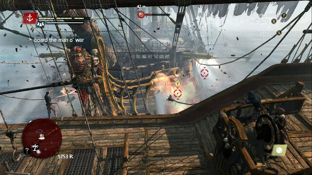 Watch out for the enemy ship's mortars, approach it by sailing towards its bow and shoot chains at it to slow it down - 02 - Devils Advocate - Sequence 6 - Assassins Creed IV: Black Flag - Game Guide and Walkthrough