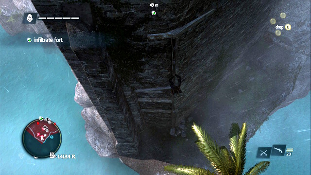 Over the trees, reach the end of the fort, until you reach the place shown in the screenshot - 01 - We Demand A Parlay - Sequence 7 - Assassins Creed IV: Black Flag - Game Guide and Walkthrough