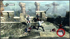 Jump down on the other side [1] and then kill all enemies using your counterattacks [2] - Sequence 1 - Peace at Last - p. 2 - Walkthrough - Assassins Creed: Brotherhood - Game Guide and Walkthrough