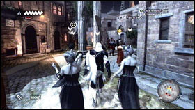 When you will be among the courtesans [1] follow the marked soldier [2] - Sequence 5 - The Banker - p. 2 - Walkthrough - Assassins Creed: Brotherhood - Game Guide and Walkthrough