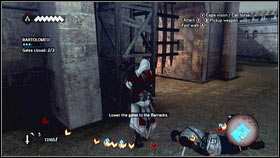 At the beginning climb on the wall located in front of the first gate [1], move left and jump in the same direction - Sequence 6 - The Baron De Valois - p. 1 - Walkthrough - Assassins Creed: Brotherhood - Game Guide and Walkthrough