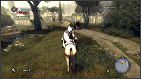 When it will be over, take on your horse [1] and follow your target [2] - Sequence 7 - The Key to the Castello - p. 1 - Walkthrough - Assassins Creed: Brotherhood - Game Guide and Walkthrough