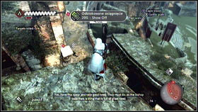 When you will come to the end [1], jump in the direction of the theater and catch the edge by pressing and holding B [2] - Sequence 7 - The Key to the Castello - p. 2 - Walkthrough - Assassins Creed: Brotherhood - Game Guide and Walkthrough