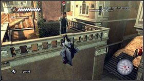 Climb on the building using the wall located on the left [1] and move to the proper position [2] - Courtesans Quests - p. 2 - Side Quests - Assassins Creed: Brotherhood - Game Guide and Walkthrough