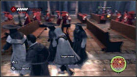 Use your Eagle Vision to localize your target [1] and stand among cardinals that will be standing near the entrance [2] - Romulus Lairs - p. 6 - Side Quests - Assassins Creed: Brotherhood - Game Guide and Walkthrough