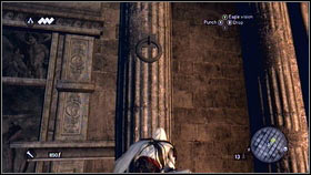 Climb on the wall located left of the statue [1] and then use wooden sticks and iron rings to get further to the left [2] - Romulus Lairs - p. 8 - Side Quests - Assassins Creed: Brotherhood - Game Guide and Walkthrough