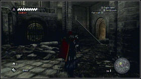 In the hall with a huge cross, go in the direction of the closed gate [1] and turn right when you will pass the stairs [2] - Romulus Lair - Treasures and Merchant Quests - Assassins Creed: Brotherhood - Game Guide and Walkthrough