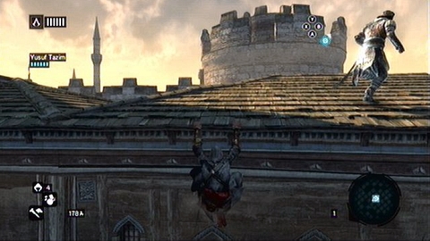 Jump after your companion to the adjacent rooftop, holding B during the jump - Memory 3 - Sequence 2 - The Crossroads of The World - Assassins Creed: Revelations - Game Guide and Walkthrough