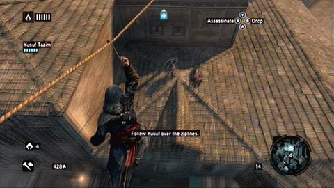 Use your the zipline and as soon as you find yourself above the man, press X - Memory 5 - Sequence 2 - The Crossroads of The World - Assassins Creed: Revelations - Game Guide and Walkthrough