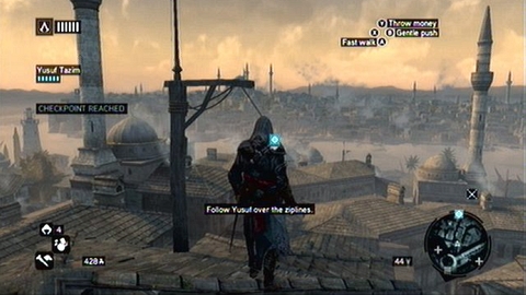 Climb after Yusuf to the rooftop of adjacent building and then turn towards a zipline hanging nearby - Memory 5 - Sequence 2 - The Crossroads of The World - Assassins Creed: Revelations - Game Guide and Walkthrough