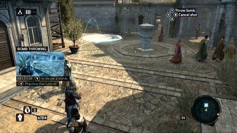 After you receive the Cherry Bomb, hold RB and select a new weapon with right analog stick - Memory 7 - Sequence 2 - The Crossroads of The World - Assassins Creed: Revelations - Game Guide and Walkthrough