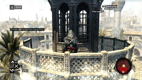 Climb up to its top and press B to fire up the building - Memory 7 - Sequence 2 - The Crossroads of The World - Assassins Creed: Revelations - Game Guide and Walkthrough
