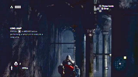 Jump over successive ceiling elements and eventually you'll get to the small item hanging from above - Memory 6 - p. 1 - Sequence 3 - Lost and Found - Assassins Creed: Revelations - Game Guide and Walkthrough