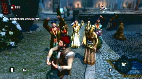 You must set yourself in such way, that the rest of guests stand with their back to the victim - Memory 1 - p. 2 - Sequence 4 - The Uncivil War - Assassins Creed: Revelations - Game Guide and Walkthrough