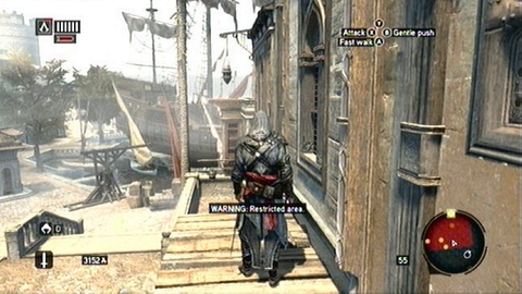 Use the wooden beams on the adjacent building to get to the rooftop of the coastal building - Memory 3 - Sequence 4 - The Uncivil War - Assassins Creed: Revelations - Game Guide and Walkthrough