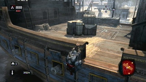 Right after the landing you have to quickly run to the other side of the boat and hang down from the overboard - Memory 3 - Sequence 4 - The Uncivil War - Assassins Creed: Revelations - Game Guide and Walkthrough