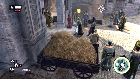 However when your target will leave the market for a moment, quickly hide inside the wagon with hay - Memory 1 - Sequence 5 - Heir to The Empire - Assassins Creed: Revelations - Game Guide and Walkthrough