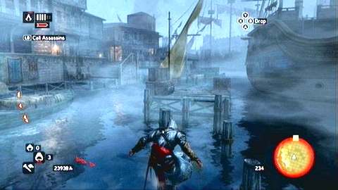 When it's over, quickly run ahead, jumping on poles sticking out from water - Memory 3 - Sequence 5 - Heir to The Empire - Assassins Creed: Revelations - Game Guide and Walkthrough