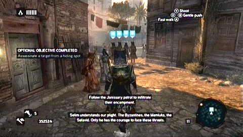 Right at the mission beginning, blend into the group of soldiers and walk between them all the time - Memory 2 - p. 1 - Sequence 6 - Fortune's Disfavor - Assassins Creed: Revelations - Game Guide and Walkthrough