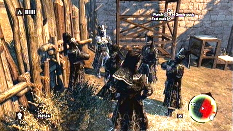 You can now head toward group of soldiers standing next to the wall and then blend into Janissaries at the left end of the camp - Memory 2 - p. 1 - Sequence 6 - Fortune's Disfavor - Assassins Creed: Revelations - Game Guide and Walkthrough