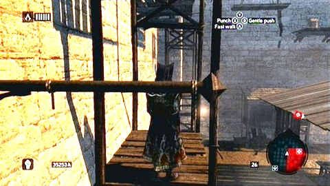 As soon as guards patrolling this are turn around, quickly run onto boxes next to the wall and climb the wooden scaffolding - Memory 2 - p. 2 - Sequence 6 - Fortune's Disfavor - Assassins Creed: Revelations - Game Guide and Walkthrough