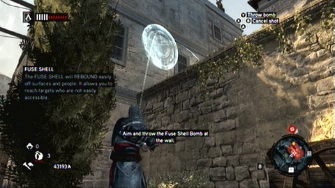 In order to subdue you victim, throw the bomb at the wall on the left - Thunder; Smoke Screen; Cherry - Piri Reis Missions - Assassins Creed: Revelations - Game Guide and Walkthrough