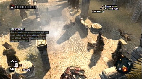 The thrown grenade will stick to his robe and explode after a while, killing the entire group of enemies - Sticky Situations; Tripwire - Piri Reis Missions - Assassins Creed: Revelations - Game Guide and Walkthrough