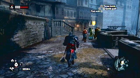 When the woman starts to flee, run after her and use the hookblade (RT+B) to knock her down - Missions 4-6 - Recruit Assassins Missions - Assassins Creed: Revelations - Game Guide and Walkthrough