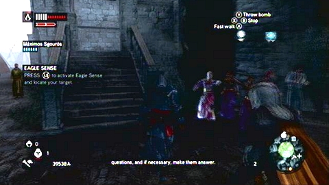 You should see stairs there with group of dancers standing nearby - Missions 1&2 - Master Assassin Missions - Assassins Creed: Revelations - Game Guide and Walkthrough