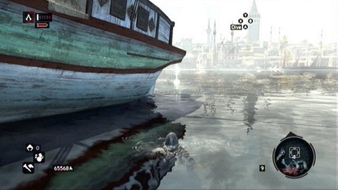 It hovers over the water, next to the ship - Bayezid District/Arsenal (01-10) - Animus data fragments - Assassins Creed: Revelations - Game Guide and Walkthrough