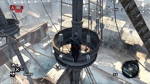 When you reach the crows nest, lower yourself behind its edge, move under ropes and then climb over them - Quests - Book quests - Assassins Creed: Revelations - Game Guide and Walkthrough