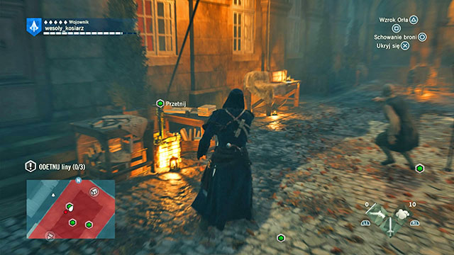 Right after the cut scene, youll have to cut three ropes that hold the balloon in place - 03 - The Escape - Sequence 9 - Assassins Creed: Unity - Game Guide and Walkthrough