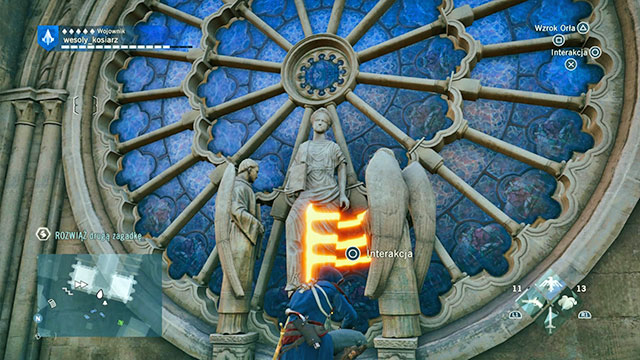 The next answer is above the main entrance of the Notre-Dame Cathedral, on the angel statues, opposite the stained-glass window, on the balcony - Side quests - Palais de Justice - Assassins Creed: Unity - Game Guide and Walkthrough