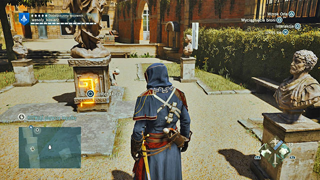 You will find the first solution in the garden, at the base of the statue in the center - Side quests - Arsenal - Assassins Creed: Unity - Game Guide and Walkthrough