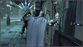 Approach the wall and examine the fragment below the CANCELLED sign #1 - Locate the secret entrance using the video data - Main story - Batman: Arkham City - Game Guide and Walkthrough