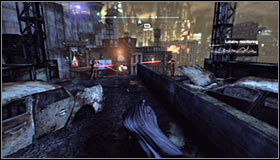 Keep successively moving west, eliminating the sniper on your way #1 and making sure you don't get spotted by any of them prematurely - Infiltrate the Steel Mill (part 2) - Main story - Batman: Arkham City - Game Guide and Walkthrough