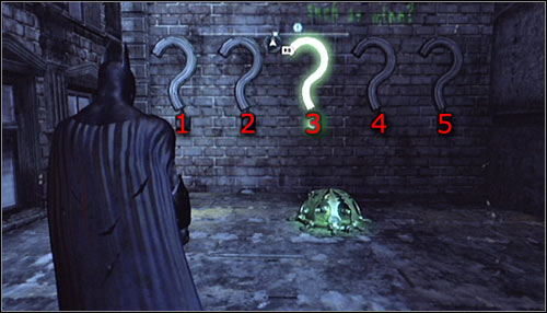 After reaching the area, note the five interactive question marks on the wall - Batman trophies (25-36) - Park Row - Batman: Arkham City - Game Guide and Walkthrough