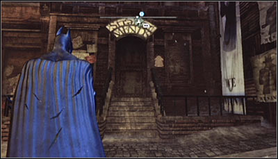 Find the door leading inside the building with a Strange Minds sign (screen above) and scan it - Riddles - Park Row - Batman: Arkham City - Game Guide and Walkthrough