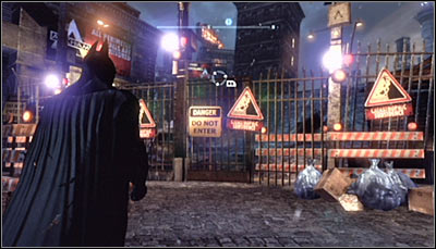 Find the fence with signs warning of subsidence (screen above) and scan it - Riddles - Park Row - Batman: Arkham City - Game Guide and Walkthrough