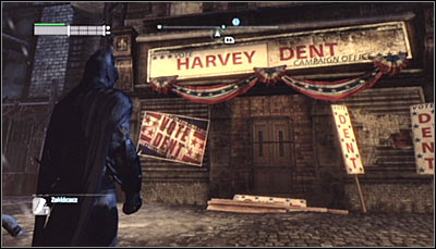 Find the entrance to Harvey Dent's office (screen above) and scan it - Riddles - Park Row - Batman: Arkham City - Game Guide and Walkthrough