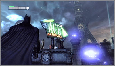 Get onto the roof of the building located west of the riddle solution spot and scan the Ace Chemicals neon sign (screen above) - Riddles - Park Row - Batman: Arkham City - Game Guide and Walkthrough