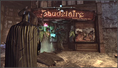 Find the Baudelaire flower shop (screen above) and scan it - Riddles - Park Row - Batman: Arkham City - Game Guide and Walkthrough