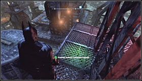 Use the Grapnel Gun or the gliding to reach the upper balconies of the leaned radio tower #1 - Batman trophies (19-28) - Amusement Mile - Batman: Arkham City - Game Guide and Walkthrough