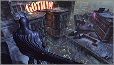 In order to solve this puzzle, get onto the roof of the GCPD building, located south-east from here (screen above) - Batman trophies (29-37) - Amusement Mile - Batman: Arkham City - Game Guide and Walkthrough