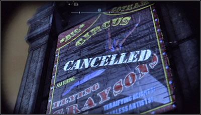 Find the giant circus poster on the wall of the building (screen above) and scan it - Riddles - Amusement Mile - Batman: Arkham City - Game Guide and Walkthrough