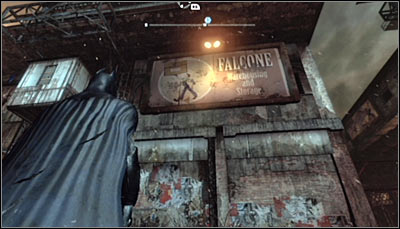 Find the Falcone Warehousing and Storage billboard (screen above) and scan it - Riddles - Industrial District - Batman: Arkham City - Game Guide and Walkthrough