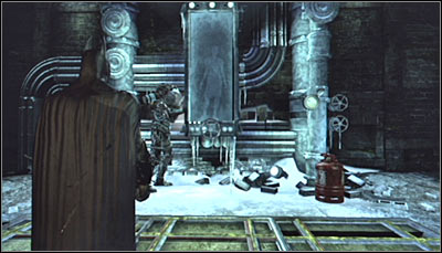 After getting inside the building, stand in front of the chamber with Nora Fries, beside which Mister Freeze should be (screen above) - Riddles - Industrial District - Batman: Arkham City - Game Guide and Walkthrough