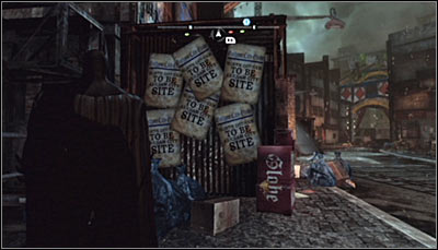 Find the closed hot-dog booth (Bill's Hotdogs) and examine its side - Riddles - Industrial District - Batman: Arkham City - Game Guide and Walkthrough